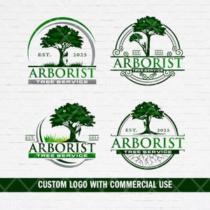 May include: Four different logo designs for a tree service company called "Arborist Tree Service". Each logo features a green tree with a person climbing it, and the text "Arborist Tree Service" in a stylized font. The logos are set against a white brick background.