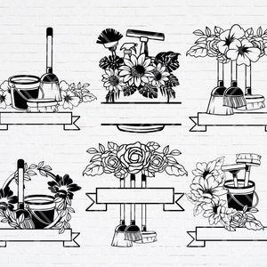 Blumen Reinigung svg, Maid Clipart svg, Haus Reinigung svg, Reinigung Werkzeuge mit Blume Clipart. SVG PNG Bundle für geschnittene Dateien.