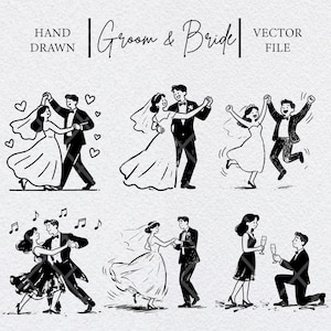 May include: Hand-drawn black and white illustrations of couples in various wedding poses. The image includes couples dancing, jumping, and a proposal scene. Text at the top reads "Groom & Bride" and "Vector File".