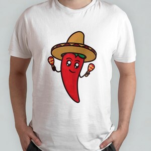 May include: A white t-shirt with a red chili pepper wearing a sombrero and holding maracas. The chili pepper has a smiling face.
