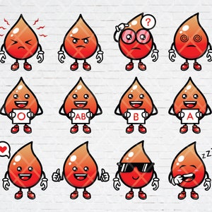 12 Cute Blood Emoji Cartoon Collection: SVG download for blood type, blood quote, blood sticker, or blood t shirt.