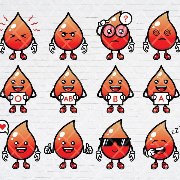 12 Cute Blood Emoji Cartoon Collection: SVG download for blood type, blood quote, blood sticker, or blood t shirt.