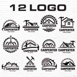 Puede incluir: Una colección de 12 diseños de logotipos de carpintero en blanco y negro. Cada logotipo presenta una silueta de casa, herramientas como martillos y sierras, y la palabra "CARPENTER" con espacio para un eslogan.