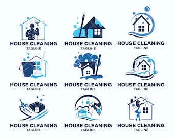 Puede incluir: Nueve diseños de logo diferentes para un servicio de limpieza de casas. Cada logo presenta una combinación de colores azul y blanco e incluye una casa, productos de limpieza y el texto "HOUSE CLEANING TAGLINE".
