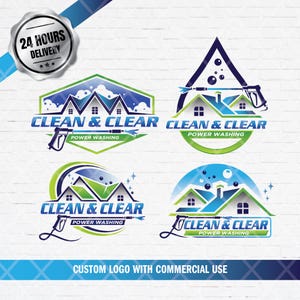 May include: Four logos for a power washing business. Each logo features a house with a blue roof and the text "CLEAN & CLEAR POWER WASHING". The logos are in various shapes and designs, with a pressure washer graphic. The image also includes a badge that says "24 HOURS DELIVERY".