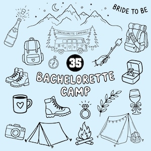 May include: Black and white line art illustration with camping and wedding-themed elements. Includes a camper van, tent, backpack, hiking boots, ring, champagne bottle, and the text "Bride to Be" and "Bachelorette Camp".