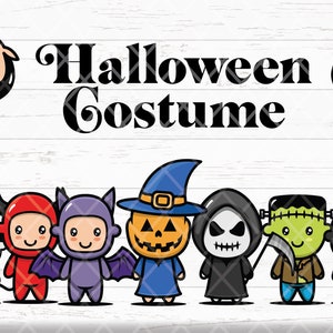 Cute Kids with Halloween Costume Cartoon: Cliparts design SVG for Instant Download