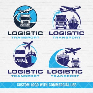 May include: Logistics transport logo designs in blue and white. The logos feature a combination of a truck, airplane, and ship. The text "LOGISTIC TRANSPORT" is below each design. The bottom of the image reads "CUSTOM LOGO WITH COMMERCIAL USE."