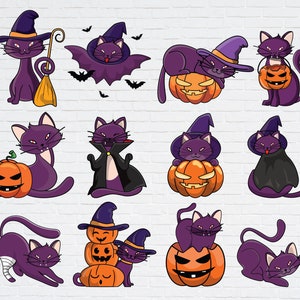 Kawaii Halloween Cat Clipart: SVG Vector Bundle (Digital Download)