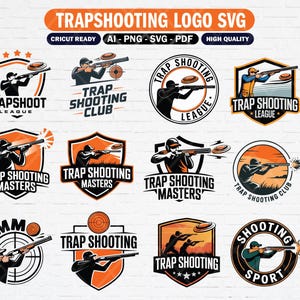Puede incluir: Una colección de diseños de logotipos de tiro al plato. Cada logotipo presenta la silueta de una persona apuntando con una escopeta a un plato de arcilla. Los logotipos incluyen texto como "Trap Shooting League" y "Trap Shooting Masters".