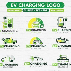 Puede incluir: Nueve diseños de logo diferentes para estaciones de carga de vehículos eléctricos. Cada logo presenta un coche verde con un rayo amarillo y el texto "Estaciones de carga de vehículos eléctricos".