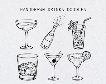 Hand Drawn Cocktail Drink Illustrations, SVG PNG Clipart (Digital Download)
