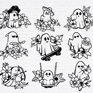 Halloween floral ghost illustration, Cute ghost SVG, flower ghost clipart, Cute Halloween shirt design, PNG bundle for cricut