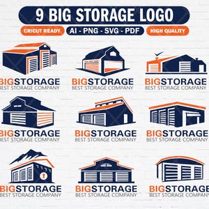 May include: Nine different logo designs for a self storage business. Each logo features a blue and orange storage unit with the text "BIGSTORAGE" and "BEST STORAGE COMPANY" underneath.