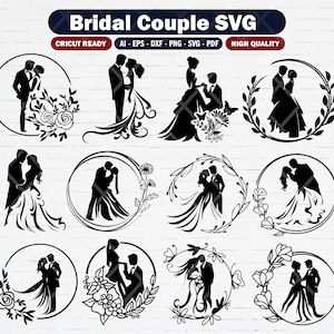 新郎新婦のカップルの SVG バンドル、花柄の新郎新婦のクリップアート テンプレート、結婚式招待状の SVG カット ファイル、即時ダウンロード用の SVG PNG