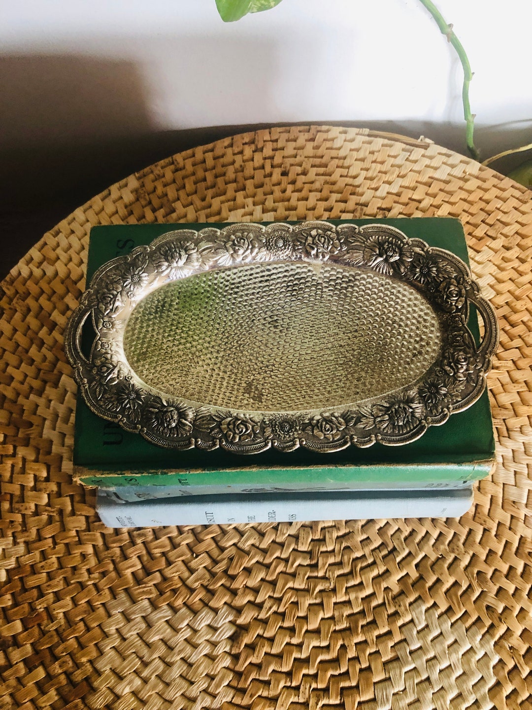 Vintage Silver Tray/ Rose Decor Tray/ Bathroom Tray/ Small Silver Tray/ Flower Tray/silver Decor