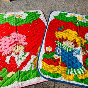 Vintage Strawberry Shortcake and Huckleberry Pie Boy Small Quilts/ 1980’s Nostalgia Strawberry Collectibles