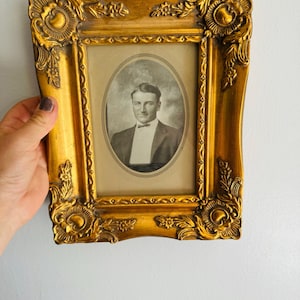 Vintage Antique gold frame with antique photo of a man/ name on the back/ vintage art/Halloween decor/