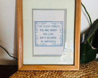 Vintage handmade cross stitch embroidery art/ happiness saying/ blue and white embroidery/ framed in wood/