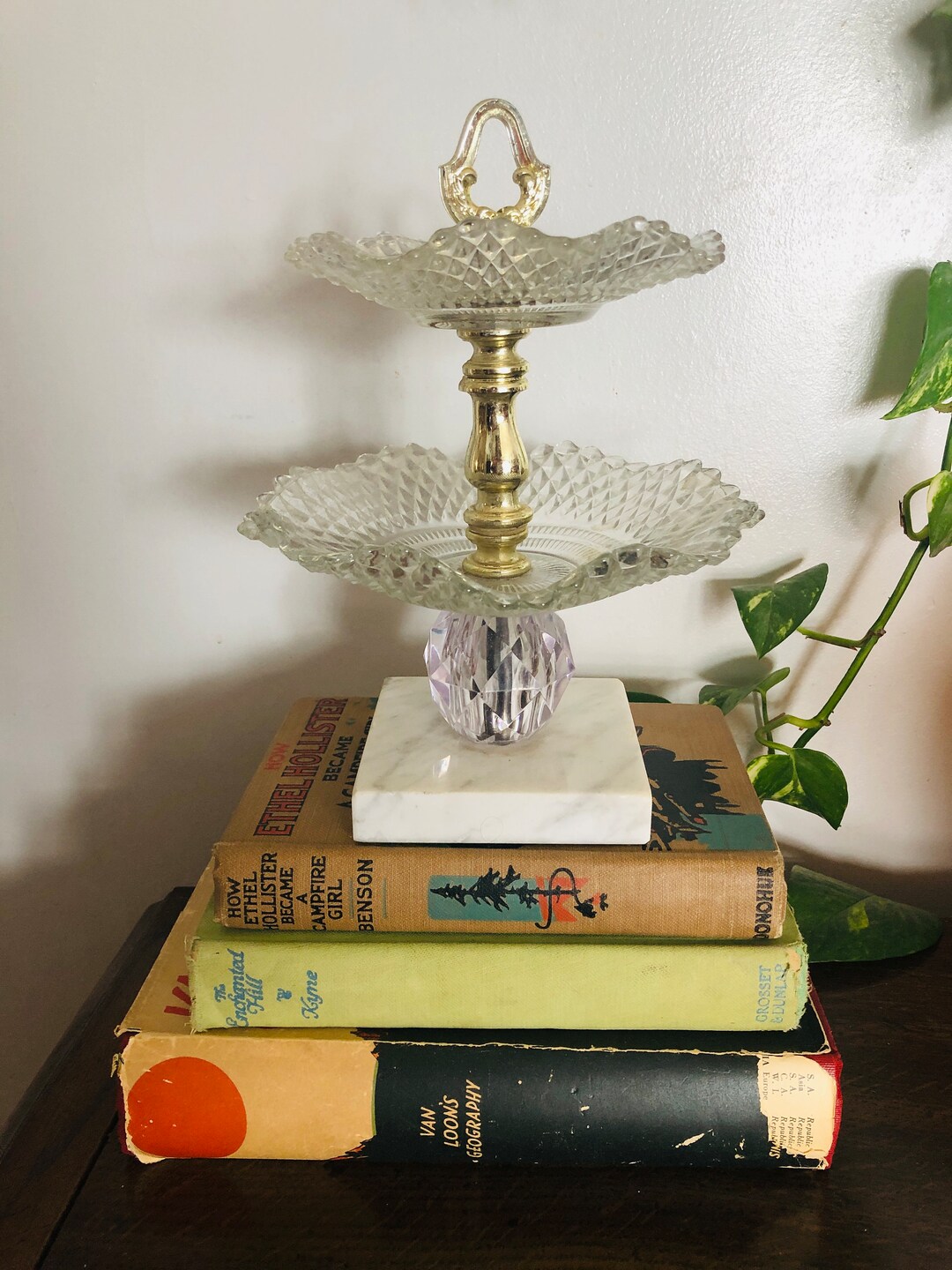 Vintage 50s Candy Dish/ Glass/ Marble/brass Candy Dish/ Boho Dish/ Home