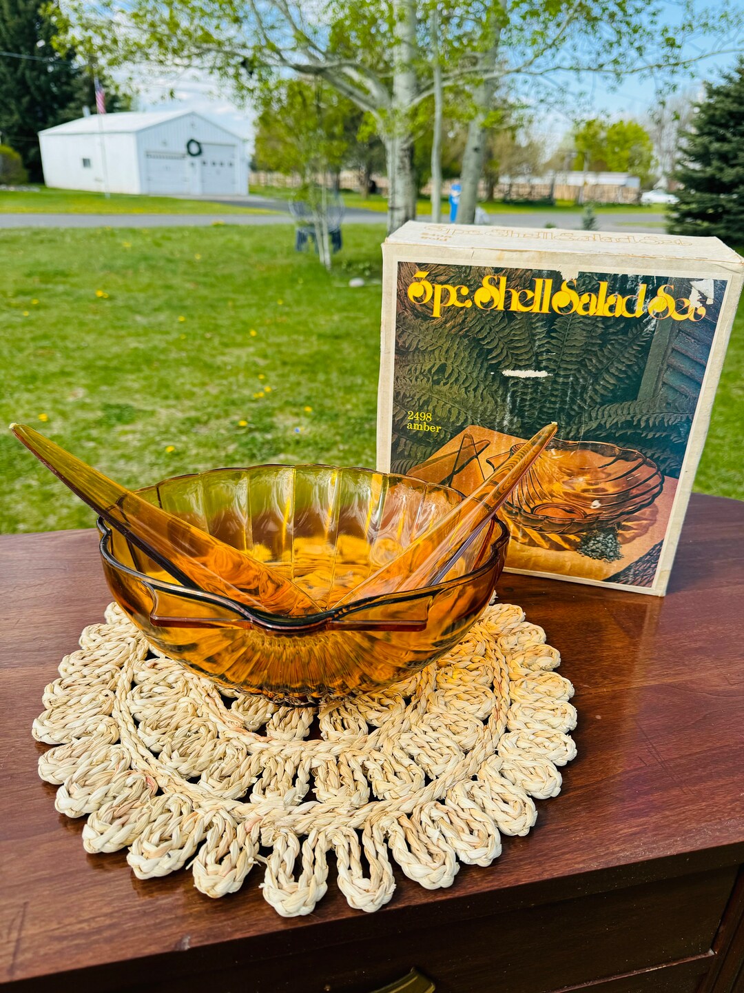 Vintage Indiana Amber Seashell Salad Bowl/ 3 Piece Set/ Amber Color Set ...