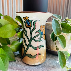 Vintage hand painted 1950’s vase with flat top/ floral design/ brown and beige/ home decor/