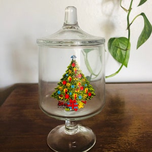 Vintage Christmas footed Candy Jar/Christmas by Carlton/Christmas tree/ Christmas decor/glass jar/ glass decor/80&#39;s retro Christmas decor