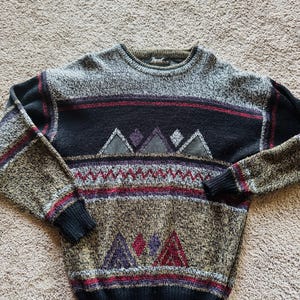90’s Vtg Women’s Large Impact Acrylic & leather sweater/ Geometric 90’s sweater