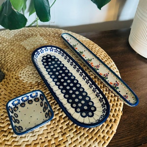 Vintage Polish pottery dish set/ matching set/ blue/ ceramic dish bowl and tray/ blue art