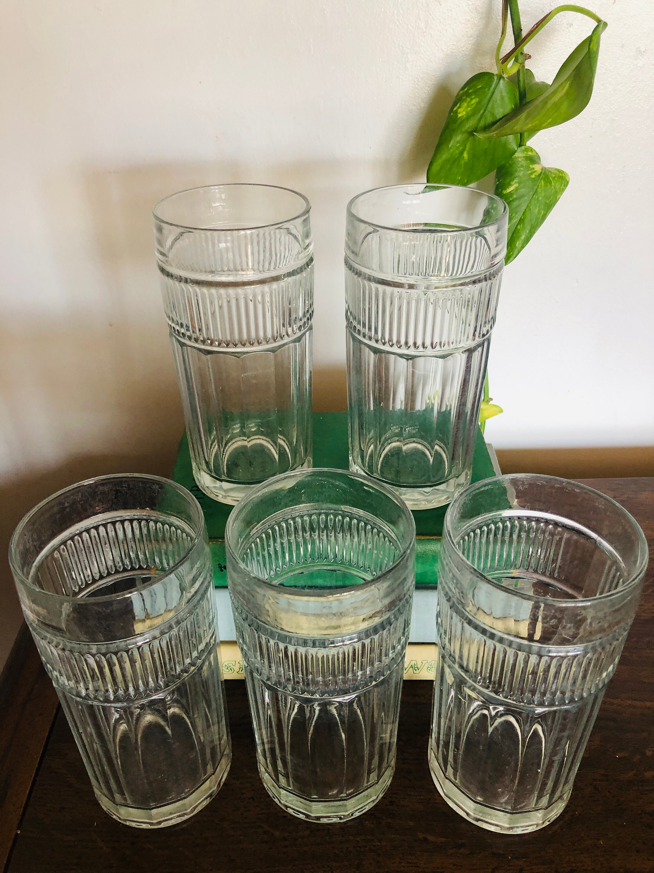 Ribbed Glass Cups With Bamboo Lids And Glass Straws Set Of 4, Fluted  Vintage Ripple Clear Glassware, Origami Style Drinking Glasses For Juice,  Beer, I
