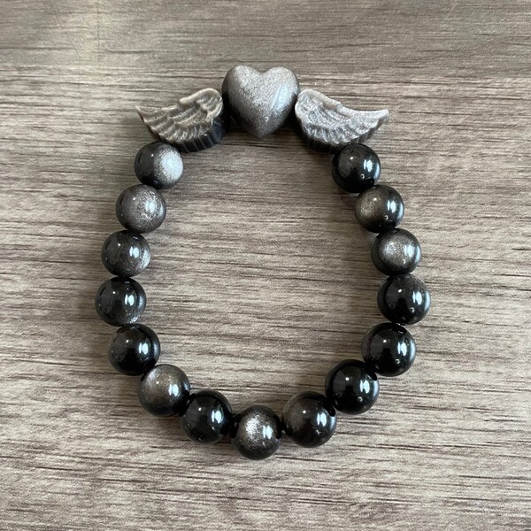 Heart and Wings 10mm Obsidian Elastic Bracelet