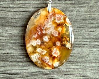 Oval Shape Sakura Cherry Blossom Pendant Necklace in pink flowers with golden yellow base color