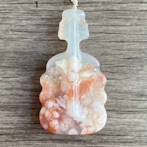 Violin Shape Sakura Cherry Blossom Agate Pendant Necklace