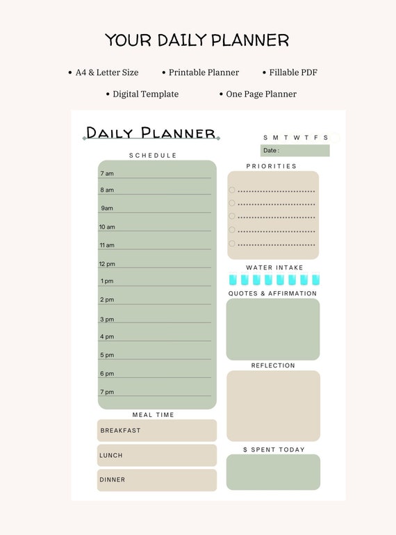 Daily Planner Printable Fillable PDF Scheduled Planner - Etsy