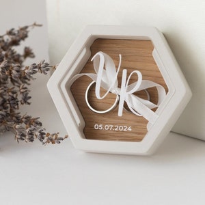 Engraved Gypsum Ring Bearer Box, Oak Wedding Ring Pillow SG