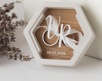 Engraved Gypsum Ring Bearer Box, Oak Wedding Ring Pillow SG