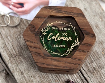 Caja de anillo de boda hexagonal para ceremonia, caja portadora de anillo personalizada de madera doble, soporte de anillo de compromiso de oro, hochzeit ringkissen, ehering-Box