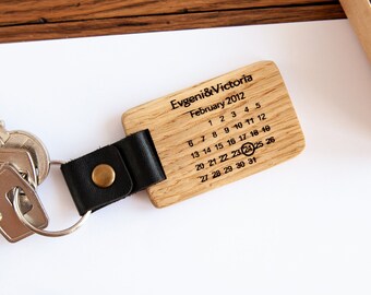 Calendar custom keychain, wood engraved boyfriend handwriting keychain, 5 1th anniversary gift husband, gift for her Valentine's Day keyring