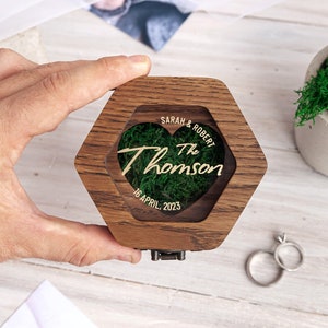 Wood ring box for wedding ceremony, Hexagon custom XL wooden ring pillow, rustic decor anniversary gifts for her, Engagement Gift, Clear Lid