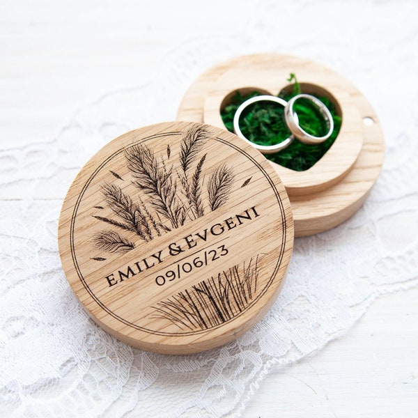 Wooden Oak Ring Box personalized with Engraved Pampas Grass - Alternative Ring Pillow for Wedding Ceremony custom wooden ringbox hochzeit 16