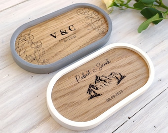 Personalisierte Beton Tablett Holz individuell graviert, Ehering Halter Alternative Brauch, Weihnachtsgeschenk Frau Ehering Schale Ringkissen