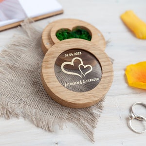 Customized Ring holder for wedding ceremony ring pillow wooden, 1st anniversary gift for wife, personalized heart engagement ring box image 1