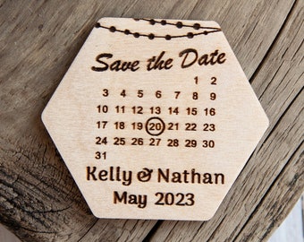 Save the Date Magnet Kalender aus Holz | Gastgeschenk Magnete | Hochzeit rustikale Danke Holz Magnete | Sechseck Holzmagnete nach Wunsch