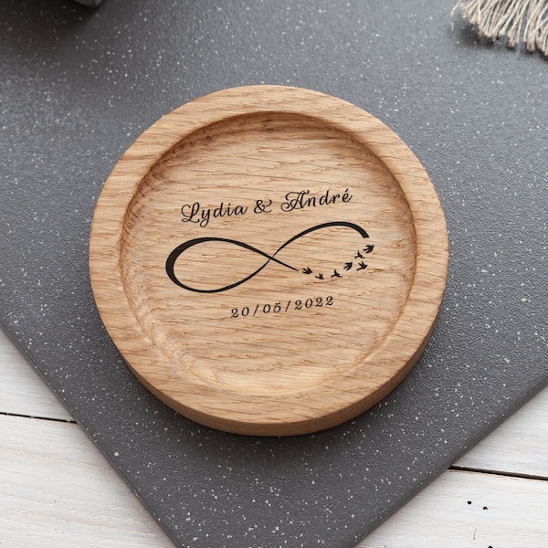 Round Wooden Wedding Ring Plate for Ceremony , Infinity sun  wooden ring pillow,  ringkissen 5th Wedding Anniversary for Husband Wife, 06.02