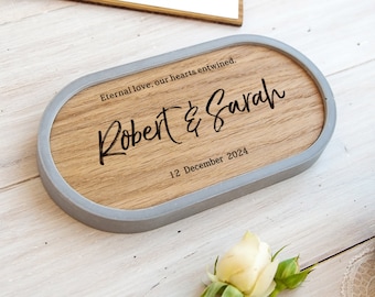 Engagement Ring Dish, Concrete tray wooden custom engraved, Wedding ring box alternative ceremony, Christmas gift  woomen, personalized dish