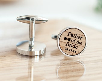 Father of the bride Gift, Personalized Cufflinks engraved Groomsman Gift for him, Round Wooden box wedding Cufflinks, initial cufflinks