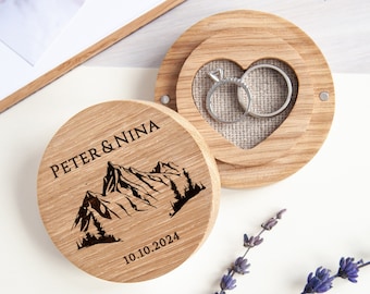 Engraved Mountain Oak Ring Bearer Box, Custom Wedding Ring Holder