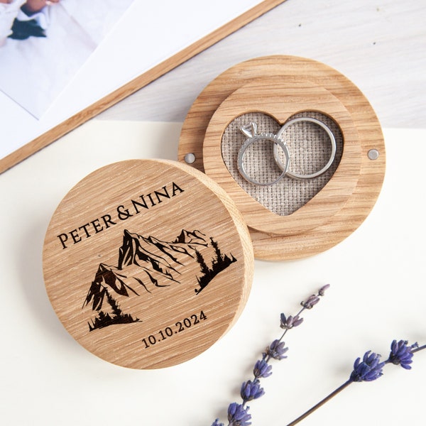 Custom Ring bearer box engraved mountains, Ring holder, Memorable wedding gift, 5th anniversary gift for wife | ringkissen hochzeit 04.03