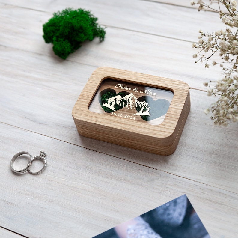 Wedding Ring box for ceremony, engagement ring box, custom wooden ring bearer pillows, Personalized mountains ring holder, ring bearer box zdjęcie 9