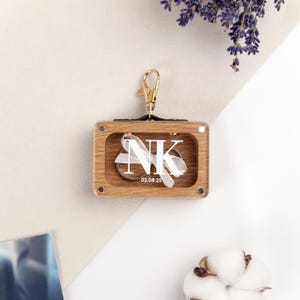 Oak pet ring box with magnetic lid and personalization